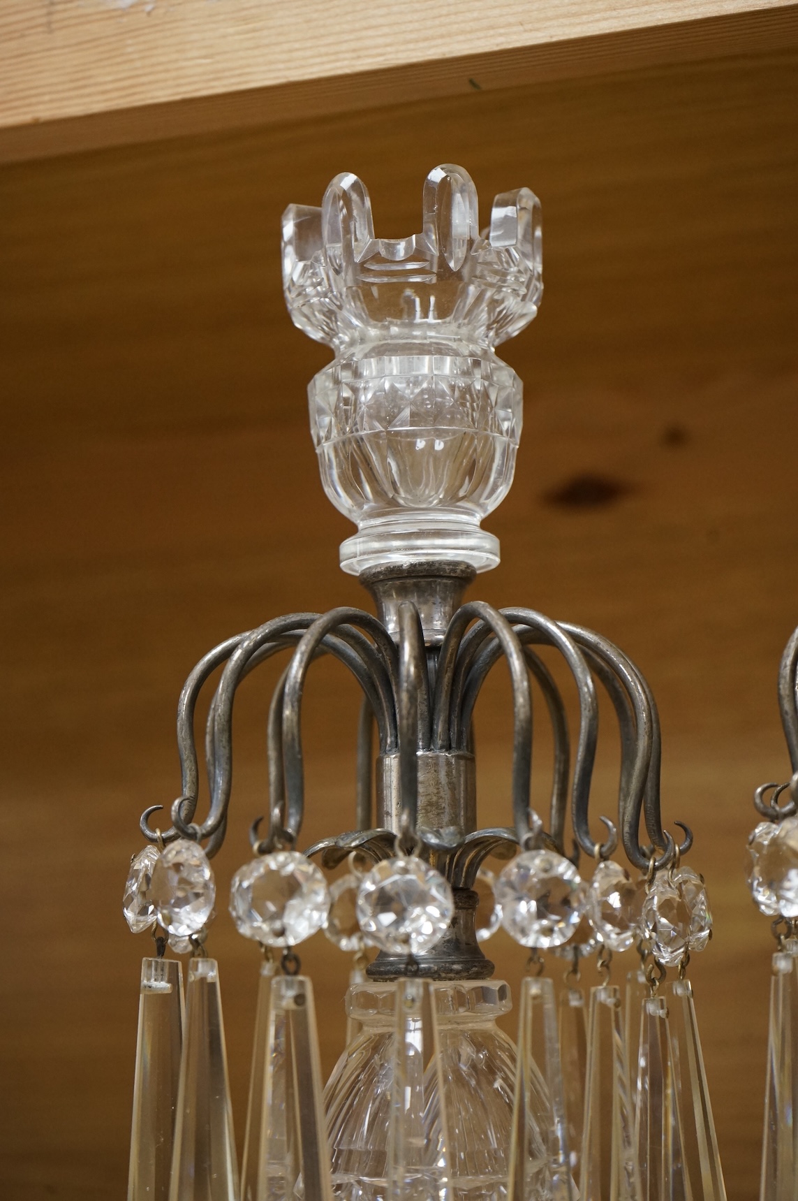 A pair of Victorian cut glass table lustres, probably Berry & Co., in Regency style, converted for electricity, 29cm high
